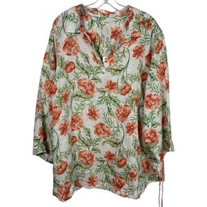 Joie 100% Linen Floral Print Short Sleeve Plus Size Top NWT 3X Ruched Sides